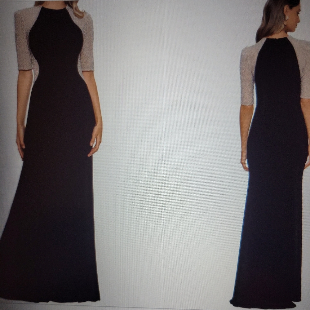 Xscape Caviar Beaded Mesh Short Sleeve Crew Neck Jersey Sheath Evening Gown